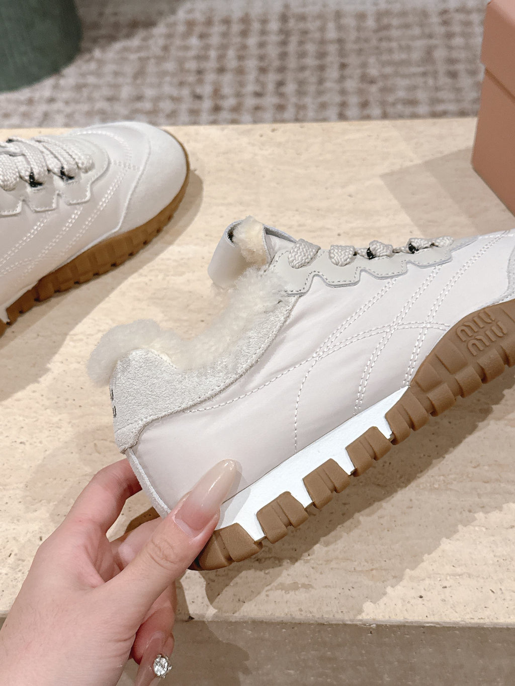MIUMIU 25S SNEAKERS IN IVORY TYRE TECHNICAL FABRIC AND SUEDE SHEARLING