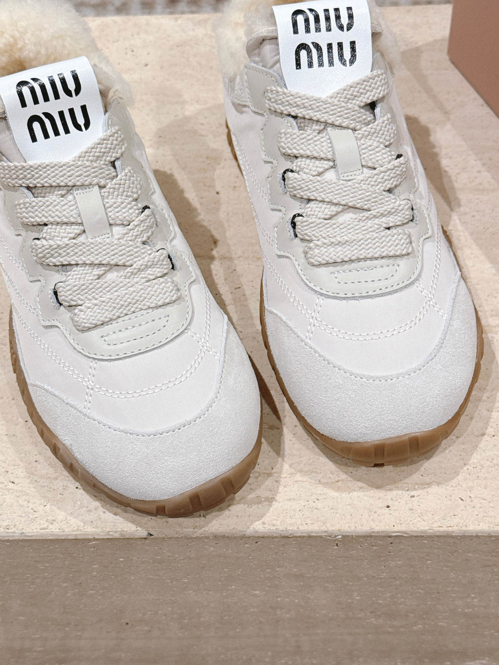 MIUMIU 25S SNEAKERS IN IVORY TYRE TECHNICAL FABRIC AND SUEDE SHEARLING