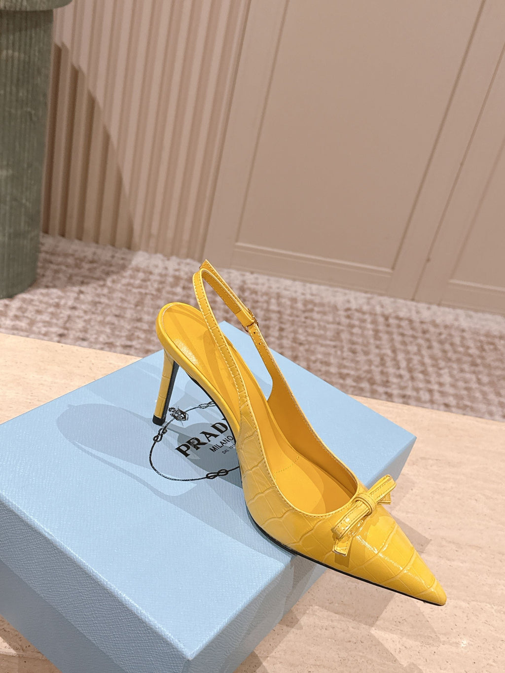 PRADA 26S POINTED-TOE SLINGBACK HEELS 85MM IN GOLDEN YELLOW CROC-EMBOSSED CALFSKIN