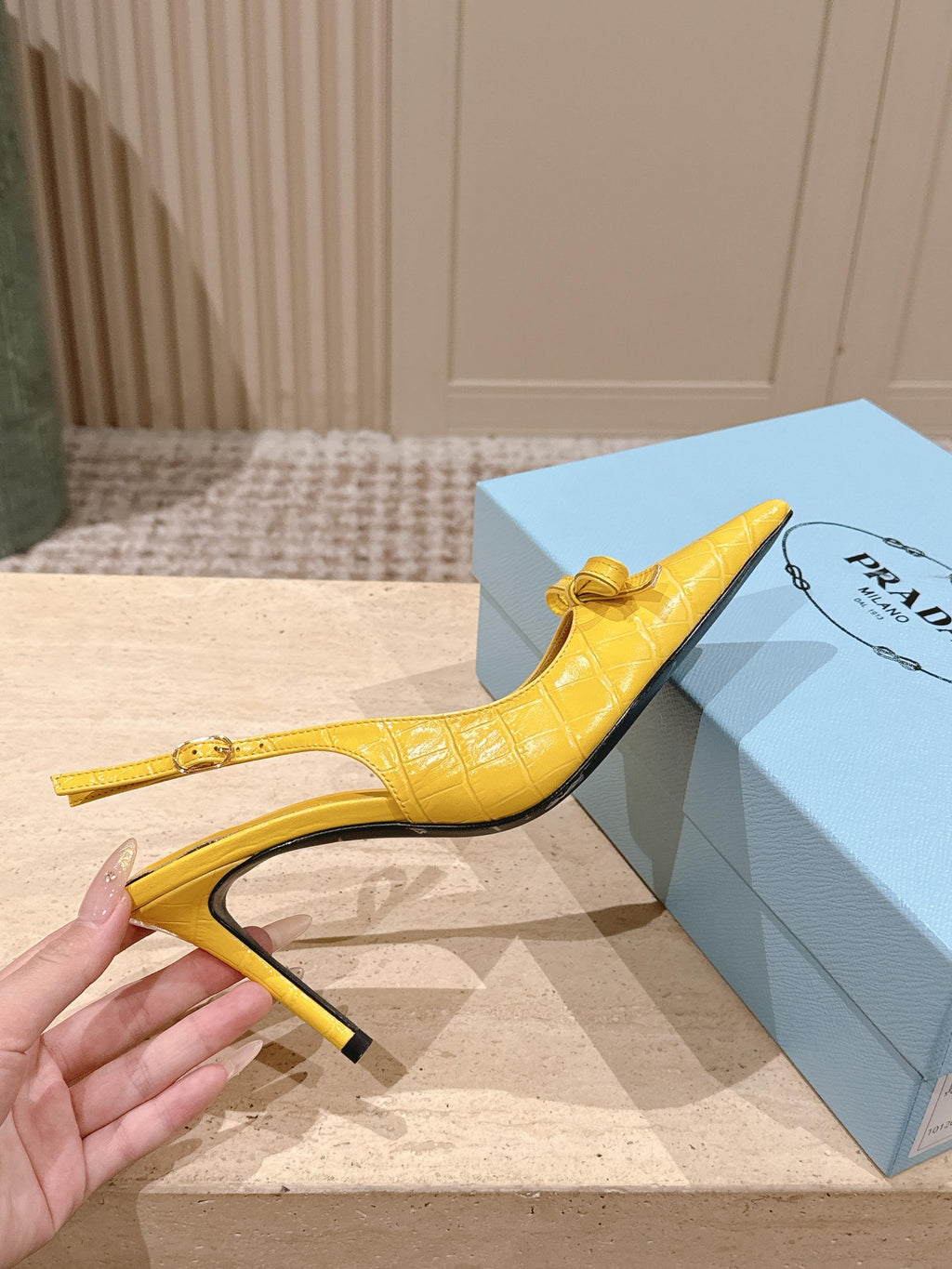 PRADA 26S POINTED-TOE SLINGBACK HEELS 85MM IN GOLDEN YELLOW CROC-EMBOSSED CALFSKIN