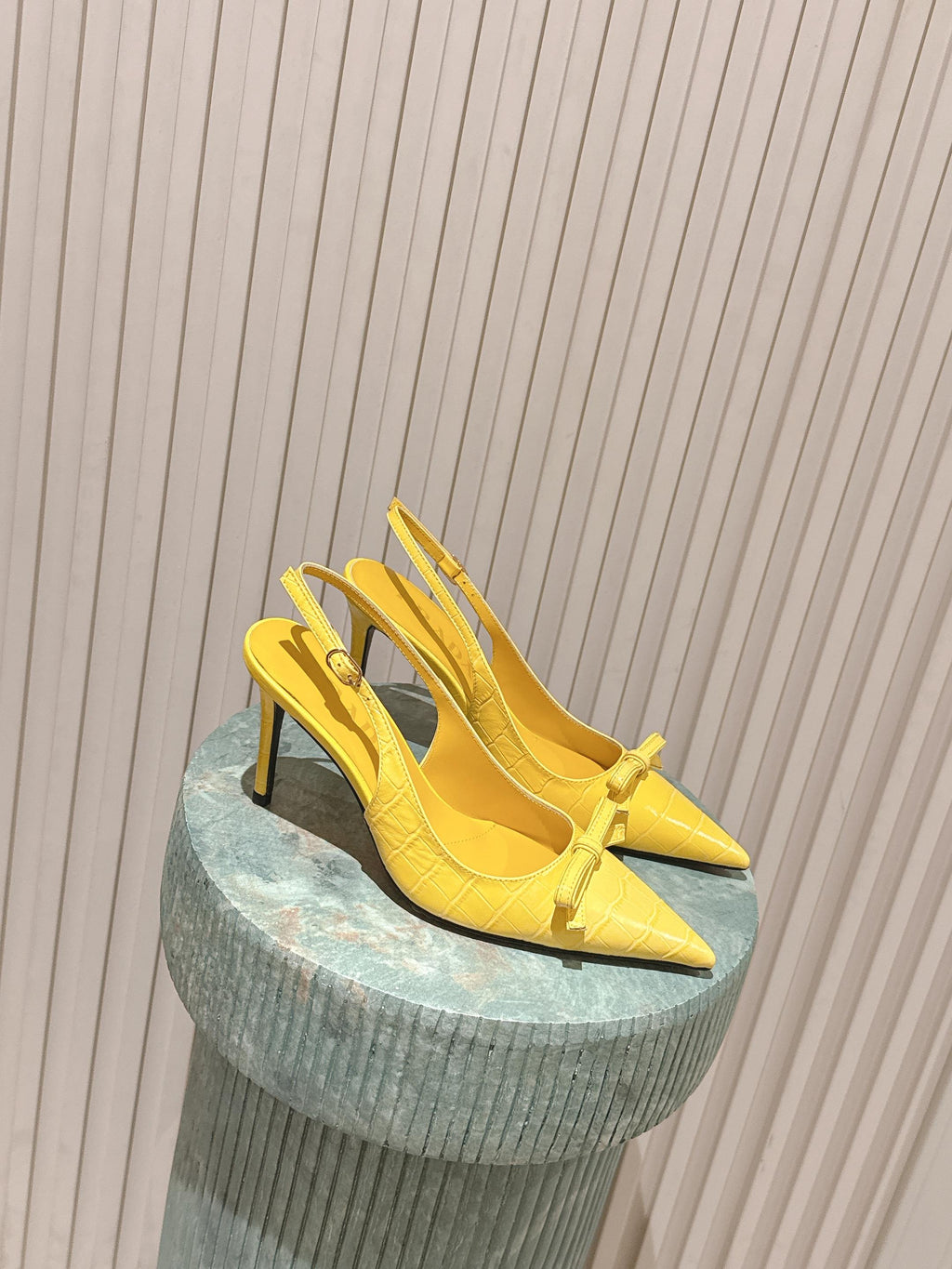 PRADA 26S POINTED-TOE SLINGBACK HEELS 85MM IN GOLDEN YELLOW CROC-EMBOSSED CALFSKIN
