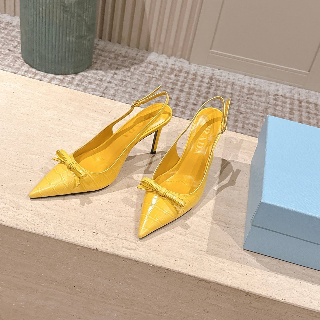 PRADA 26S POINTED-TOE SLINGBACK HEELS 85MM IN GOLDEN YELLOW CROC-EMBOSSED CALFSKIN