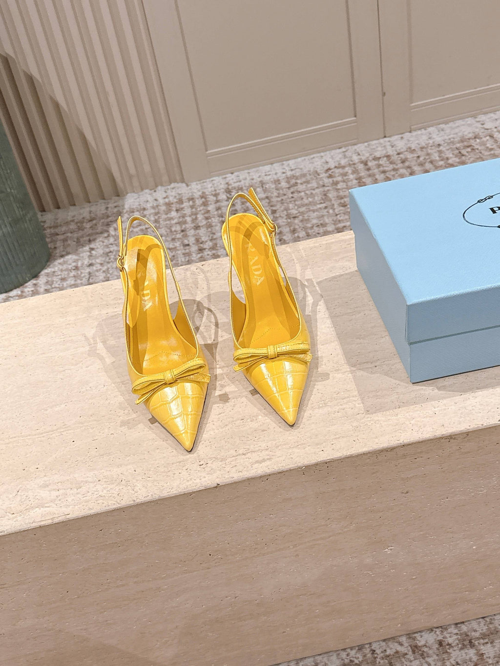 PRADA 26S POINTED-TOE SLINGBACK HEELS 85MM IN GOLDEN YELLOW CROC-EMBOSSED CALFSKIN