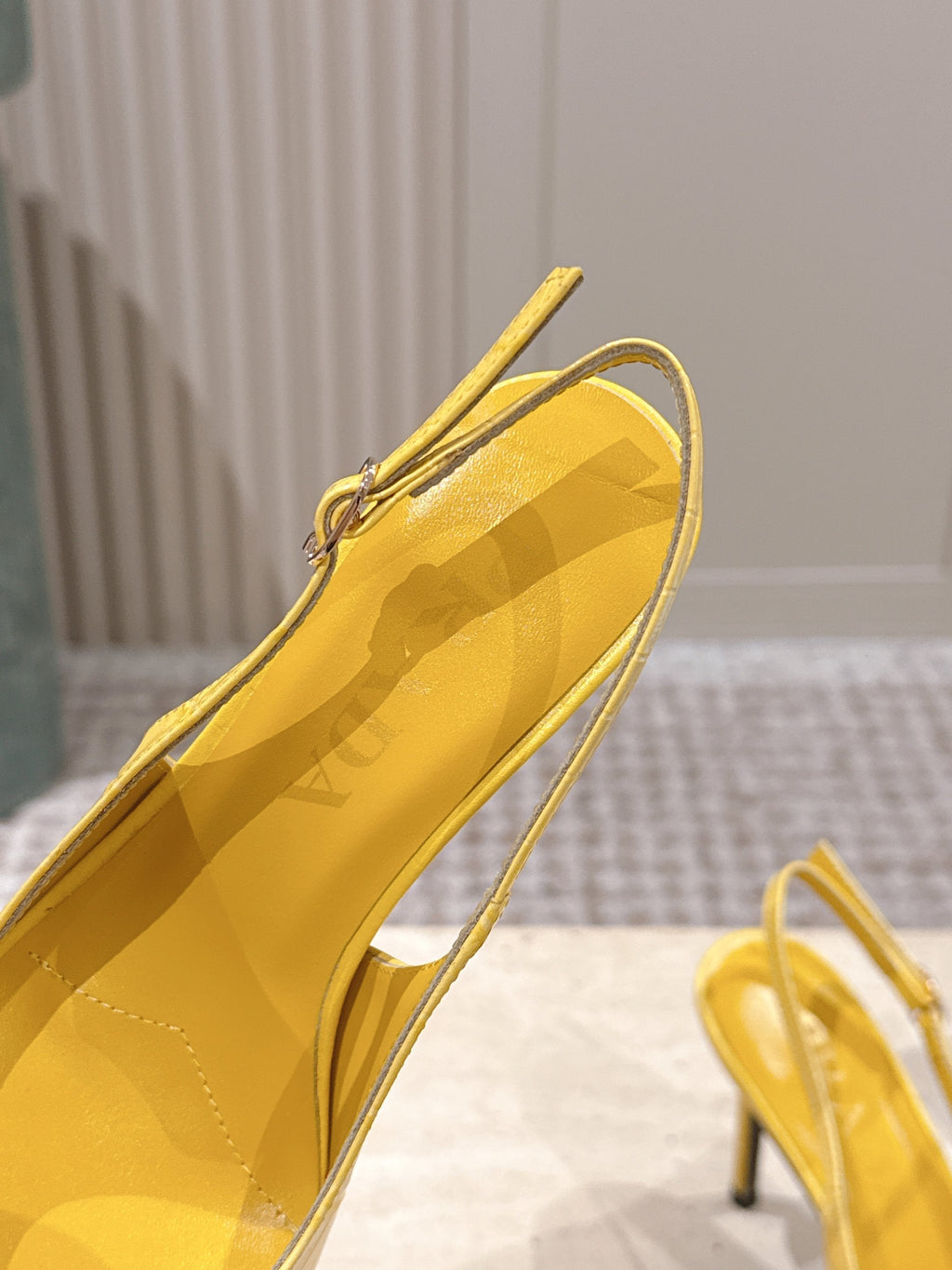 PRADA 26S POINTED-TOE SLINGBACK HEELS 85MM IN GOLDEN YELLOW CROC-EMBOSSED CALFSKIN