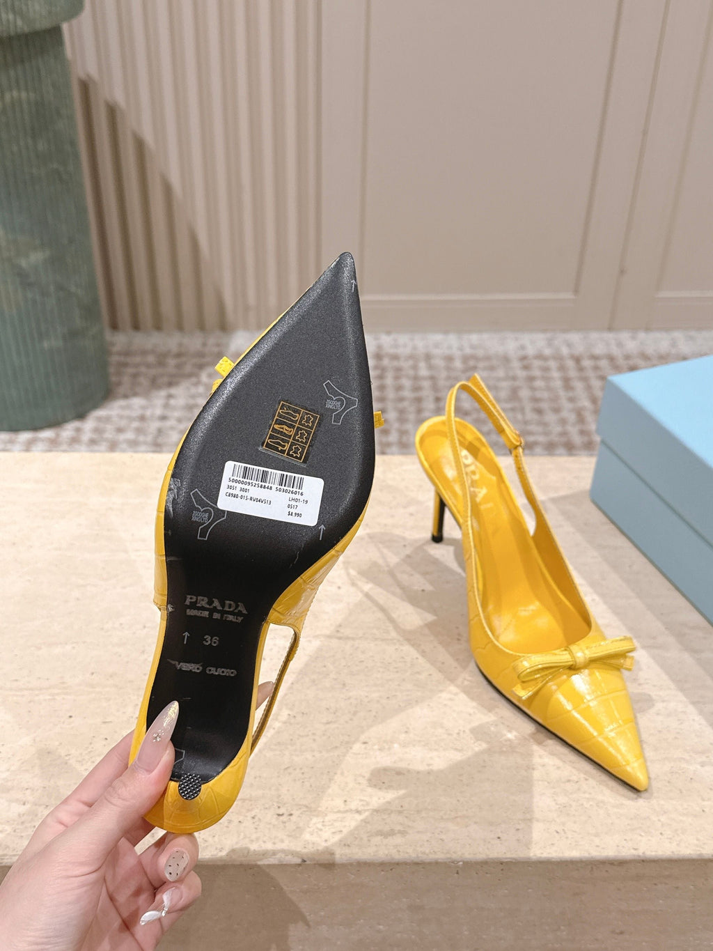 PRADA 26S POINTED-TOE SLINGBACK HEELS 85MM IN GOLDEN YELLOW CROC-EMBOSSED CALFSKIN