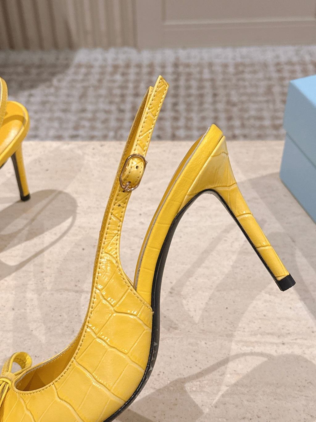 PRADA 26S POINTED-TOE SLINGBACK HEELS 85MM IN GOLDEN YELLOW CROC-EMBOSSED CALFSKIN