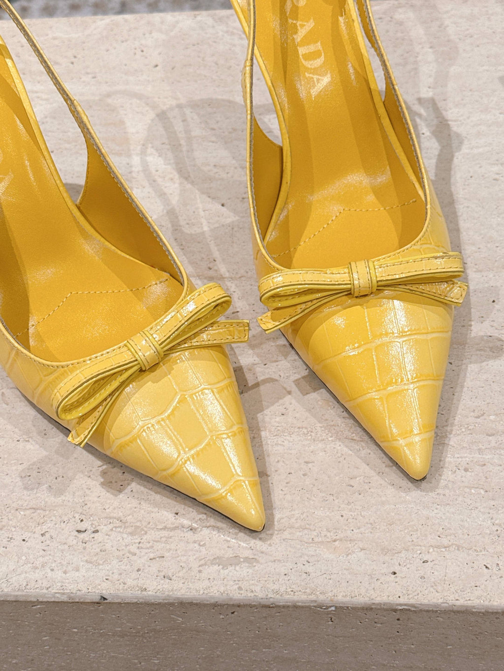 PRADA 26S POINTED-TOE SLINGBACK HEELS 85MM IN GOLDEN YELLOW CROC-EMBOSSED CALFSKIN