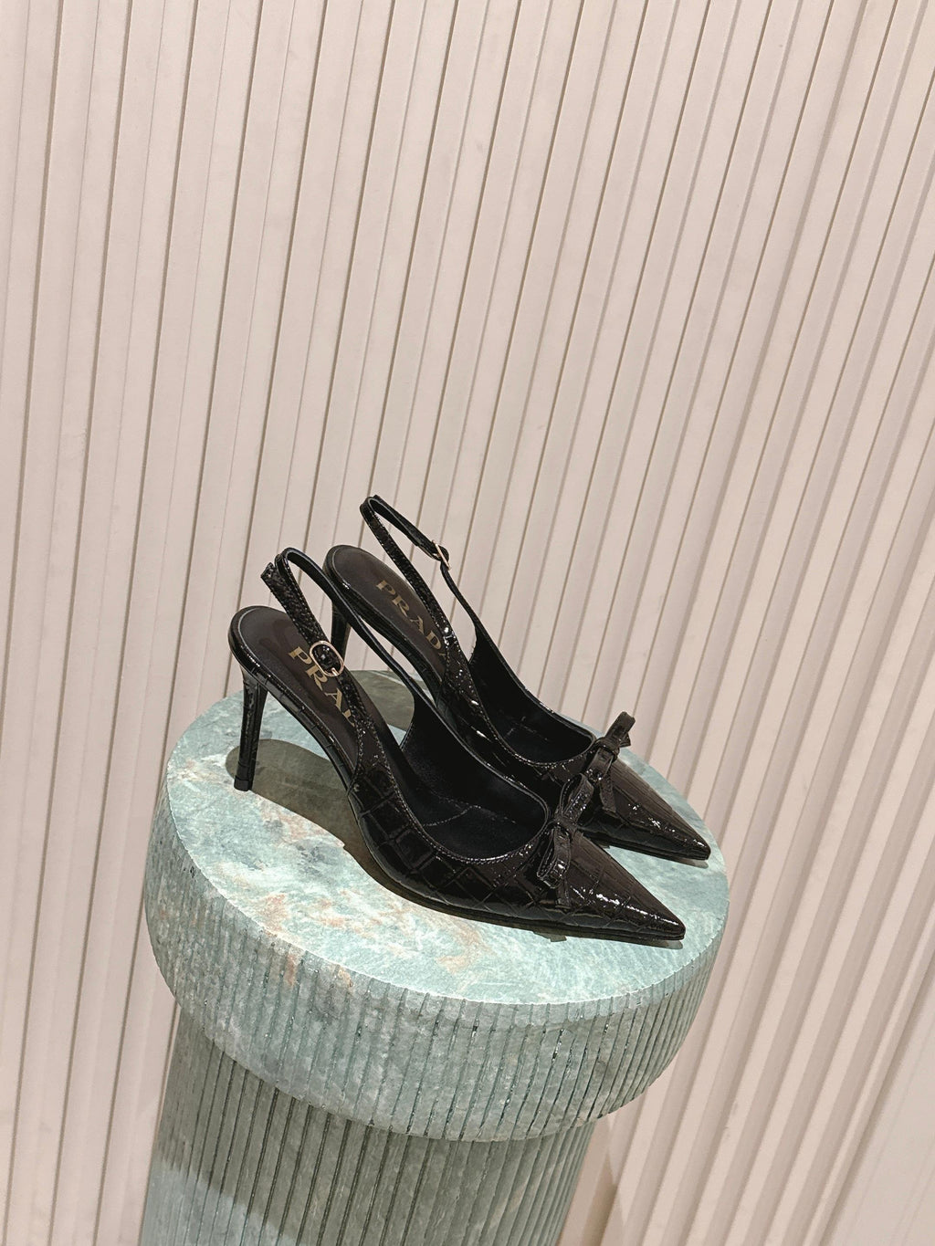 PRADA 26S POINTED-TOE SLINGBACK HEELS 85MM IN BLACK CROC-EMBOSSED CALFSKIN