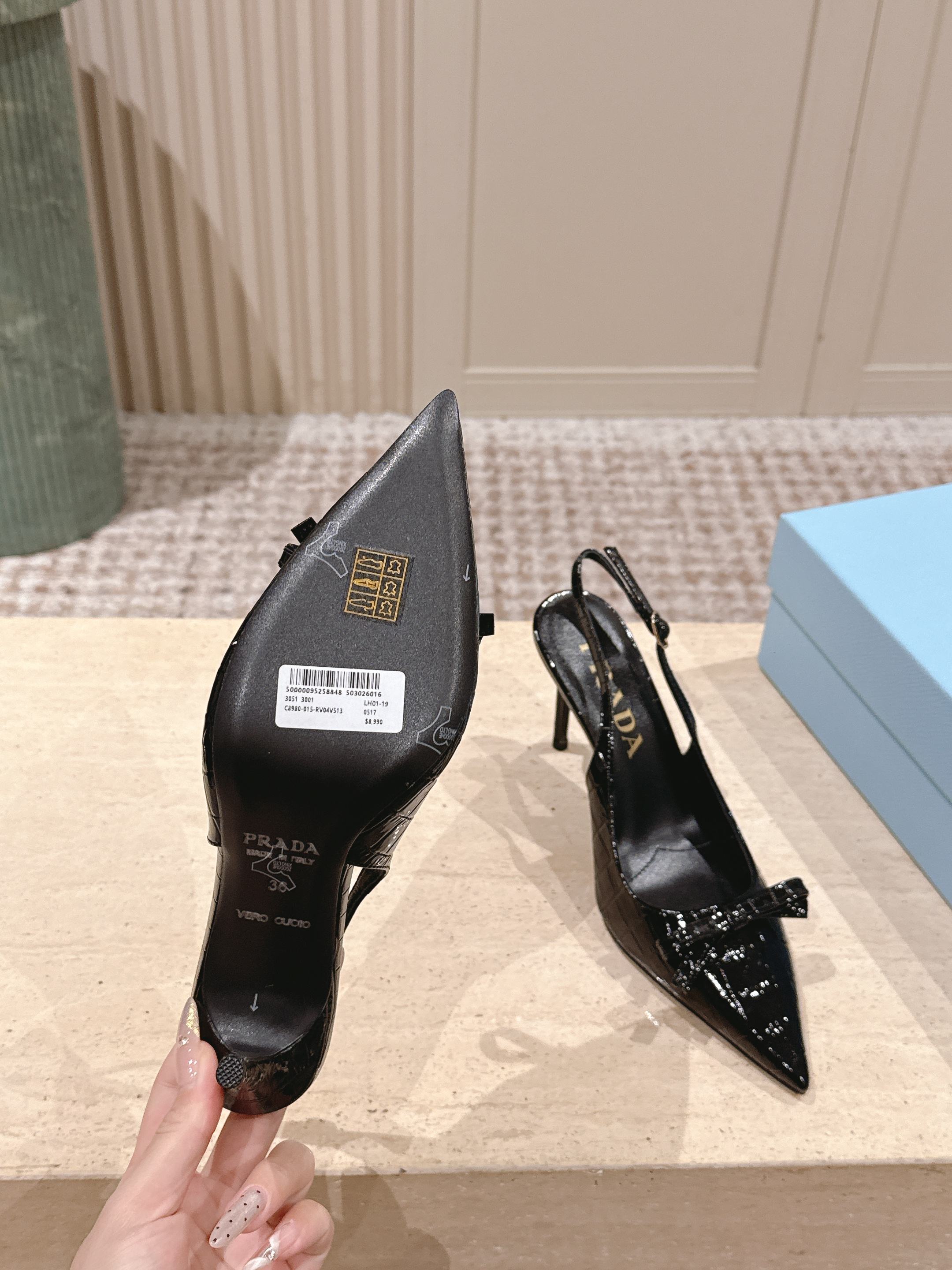 PRADA 26S POINTED-TOE SLINGBACK HEELS 85MM IN BLACK CROC-EMBOSSED CALFSKIN