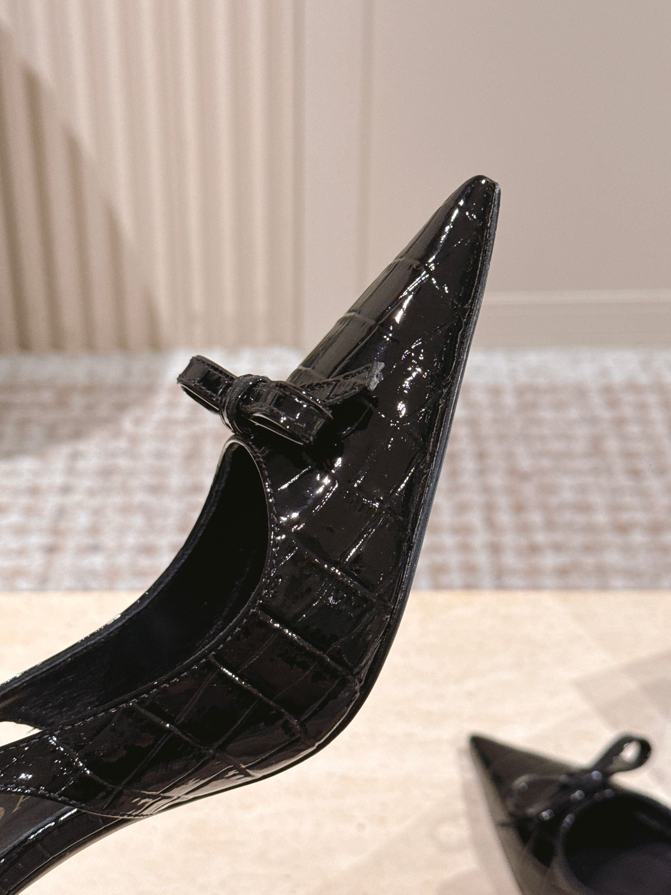 PRADA 26S POINTED-TOE SLINGBACK HEELS 85MM IN BLACK CROC-EMBOSSED CALFSKIN