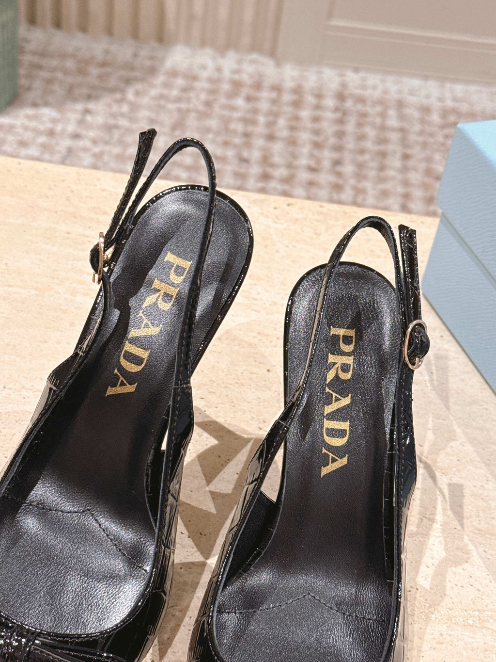PRADA 26S POINTED-TOE SLINGBACK HEELS 85MM IN BLACK CROC-EMBOSSED CALFSKIN