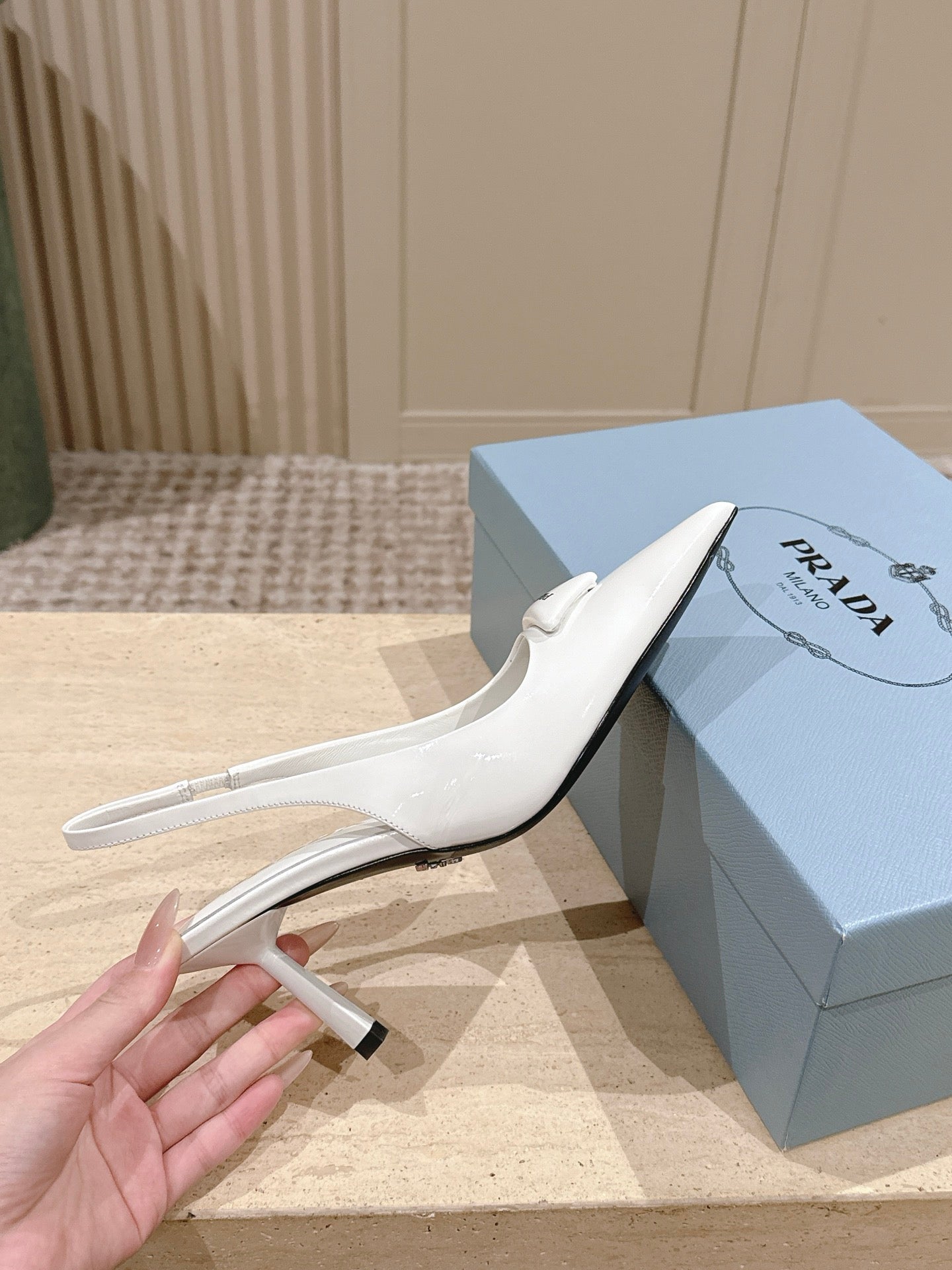 PRADA 26S POINTED-TOE SLINGBACK HEELS 75MM IN WHITE PATENT CALFSKIN