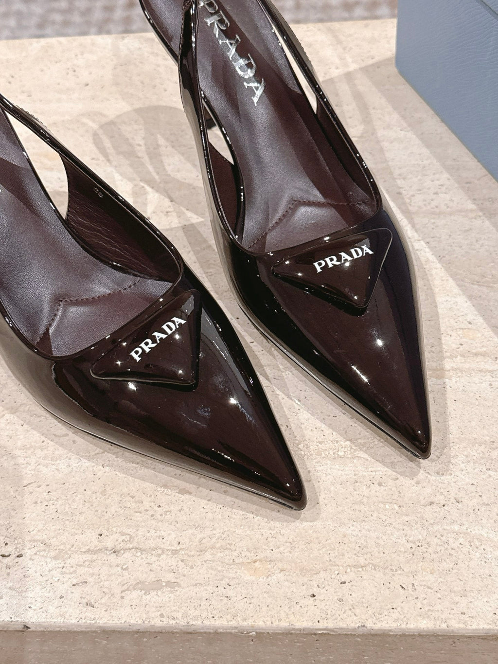 PRADA 26S POINTED-TOE SLINGBACK HEELS 75MM IN DARK BROWN PATENT CALFSKIN