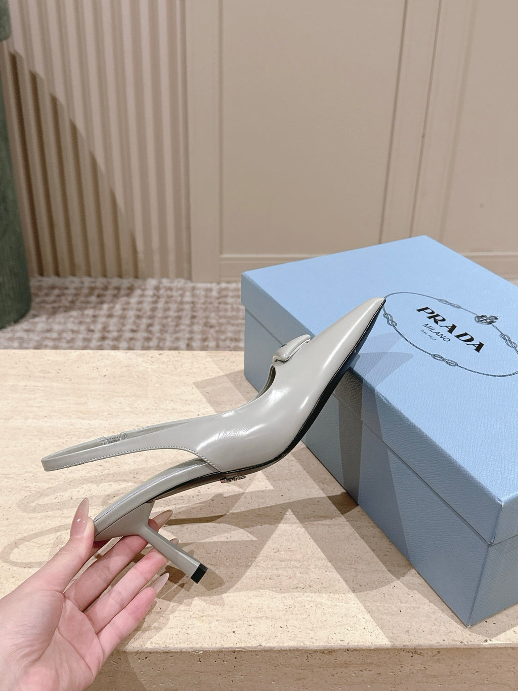 PRADA 26S POINTED-TOE SLINGBACK HEELS 75MM IN SOFT GRAY SHINY CALFSKIN