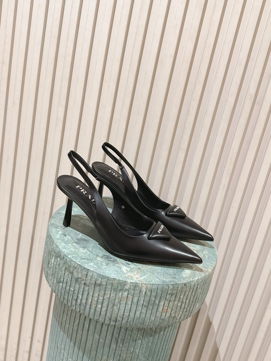 PRADA 26S POINTED-TOE SLINGBACK HEELS 75MM IN BLACK SHINY CALFSKIN