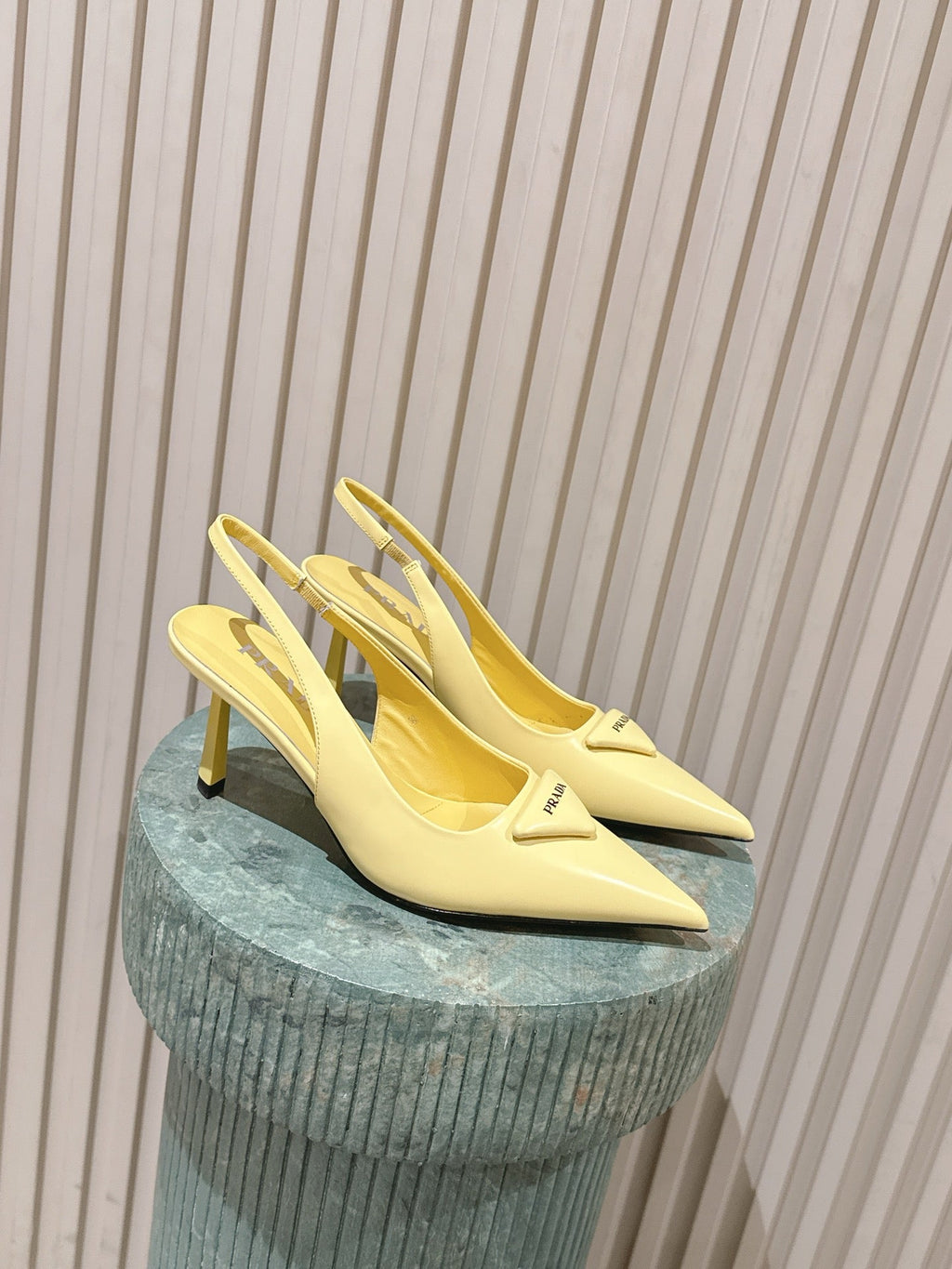 PRADA 26S POINTED-TOE SLINGBACK HEELS 75MM IN PASTEL YELLOW SHINY CALFSKIN