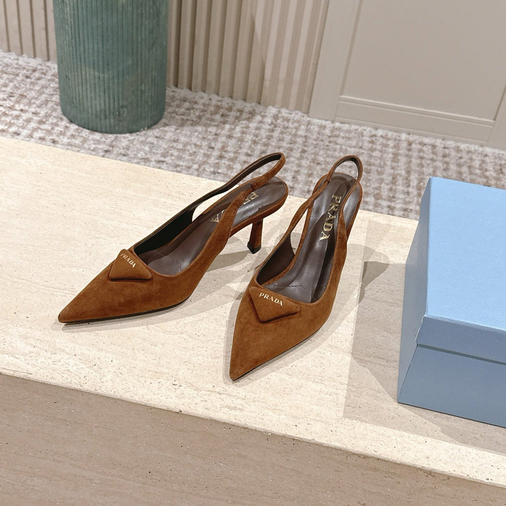 PRADA 26S POINTED-TOE SLINGBACK HEELS 75MM IN CARAMEL BROWN SUEDE WITH LOGO