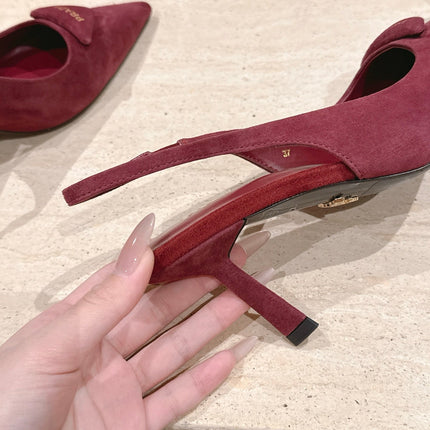 PRADA 26S POINTED-TOE SLINGBACK HEELS 75MM IN DARK RED SUEDE WITH LOGO