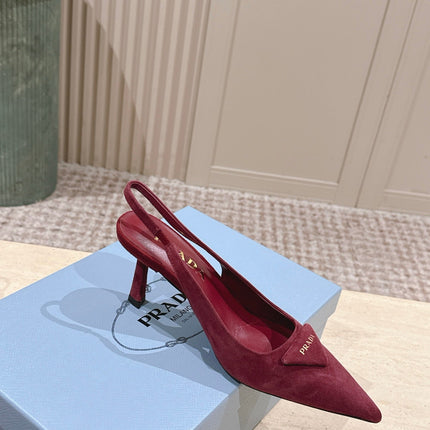 PRADA 26S POINTED-TOE SLINGBACK HEELS 75MM IN DARK RED SUEDE WITH LOGO