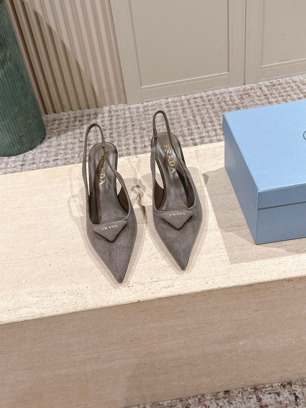PRADA 26S POINTED-TOE SLINGBACK HEELS 75MM IN TAUPE GRAY SUEDE WITH LOGO