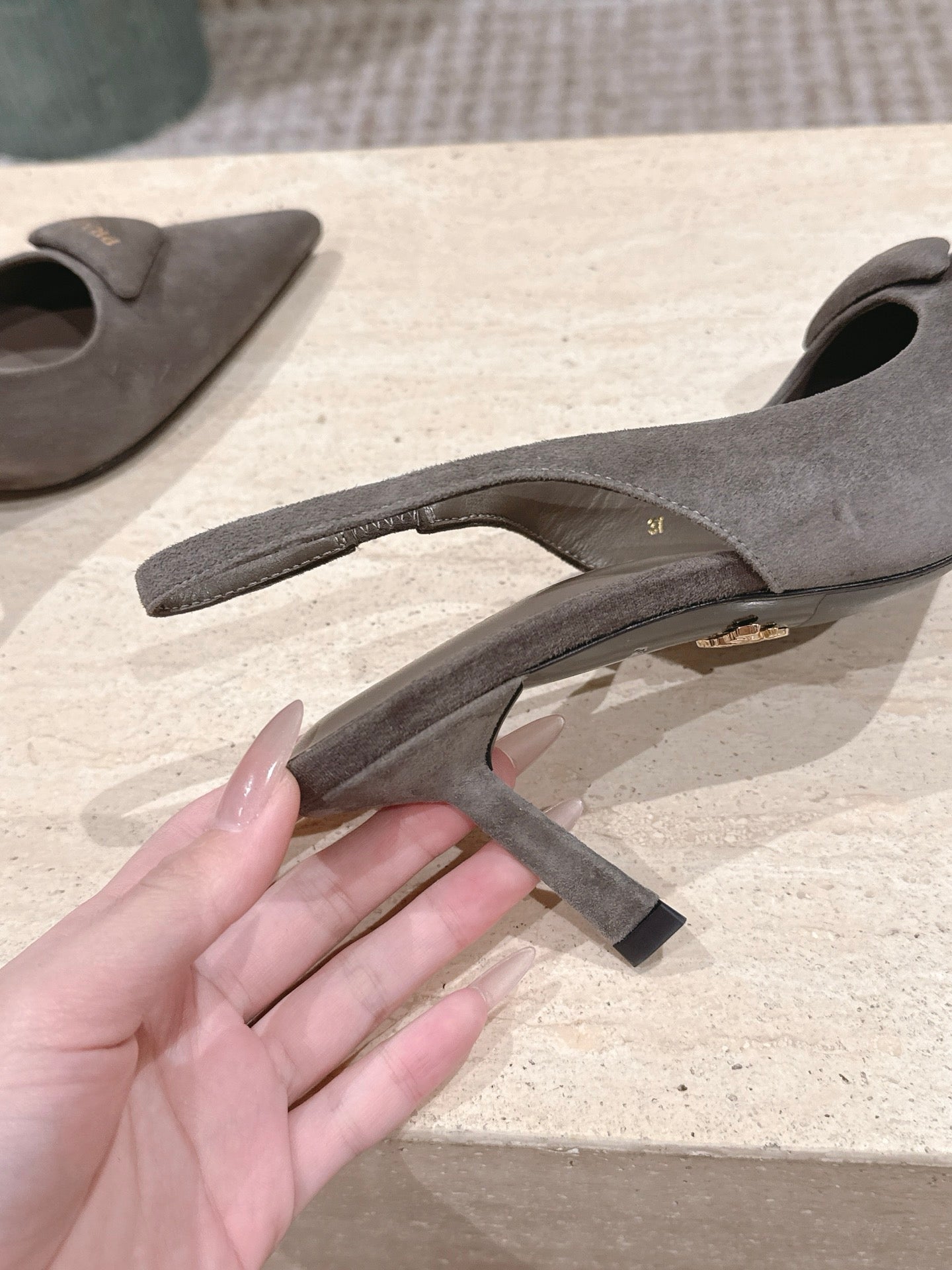 PRADA 26S POINTED-TOE SLINGBACK HEELS 75MM IN TAUPE GRAY SUEDE WITH LOGO