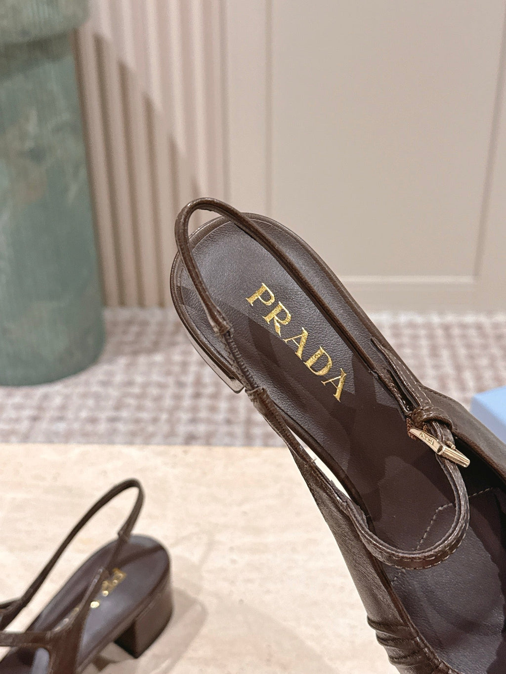 PRADA 26S SLINGBACK SANDALS 40MM IN DARK BROWN CALFSKIN WITH LOGO