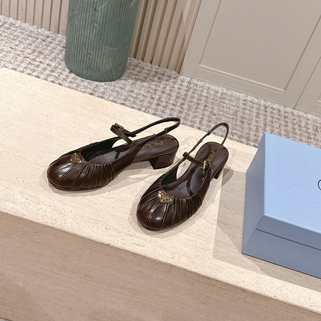 PRADA 26S SLINGBACK SANDALS 40MM IN DARK BROWN CALFSKIN WITH LOGO
