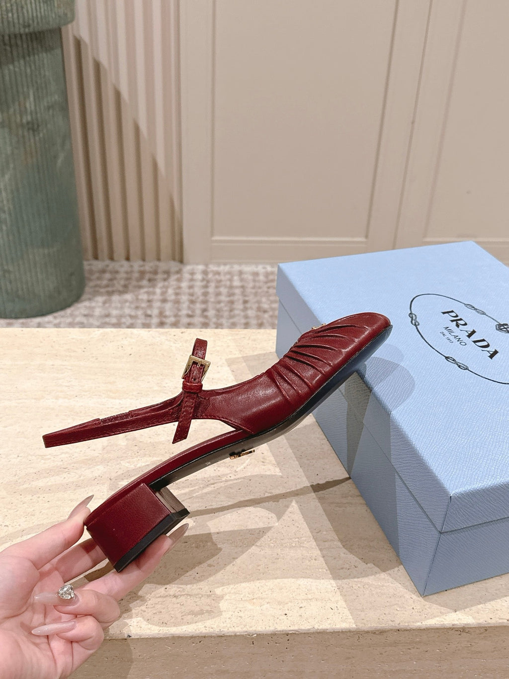 PRADA 26S SLINGBACK SANDALS 40MM IN DARK RED CALFSKIN WITH LOGO