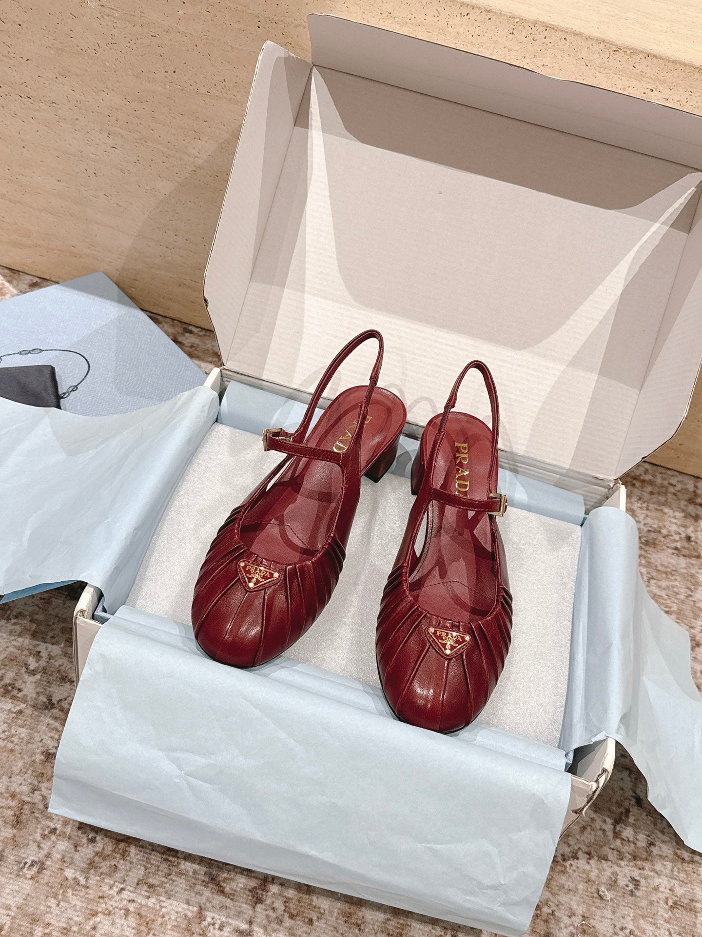 PRADA 26S SLINGBACK SANDALS 40MM IN DARK RED CALFSKIN WITH LOGO