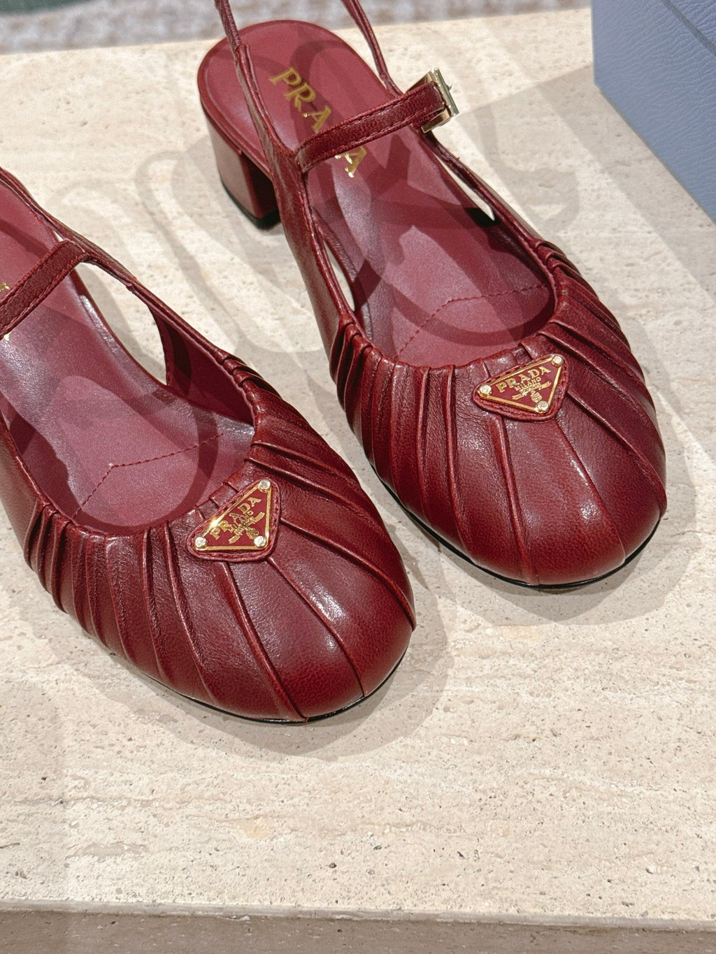 PRADA 26S SLINGBACK SANDALS 40MM IN DARK RED CALFSKIN WITH LOGO