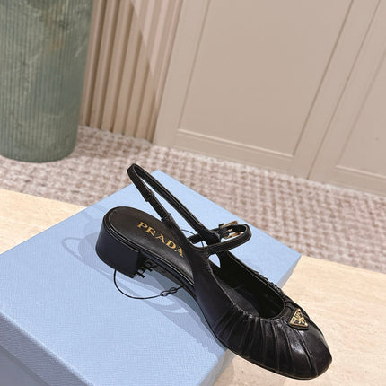 PRADA 26S SLINGBACK SANDALS 40MM IN BLACK CALFSKIN WITH LOGO