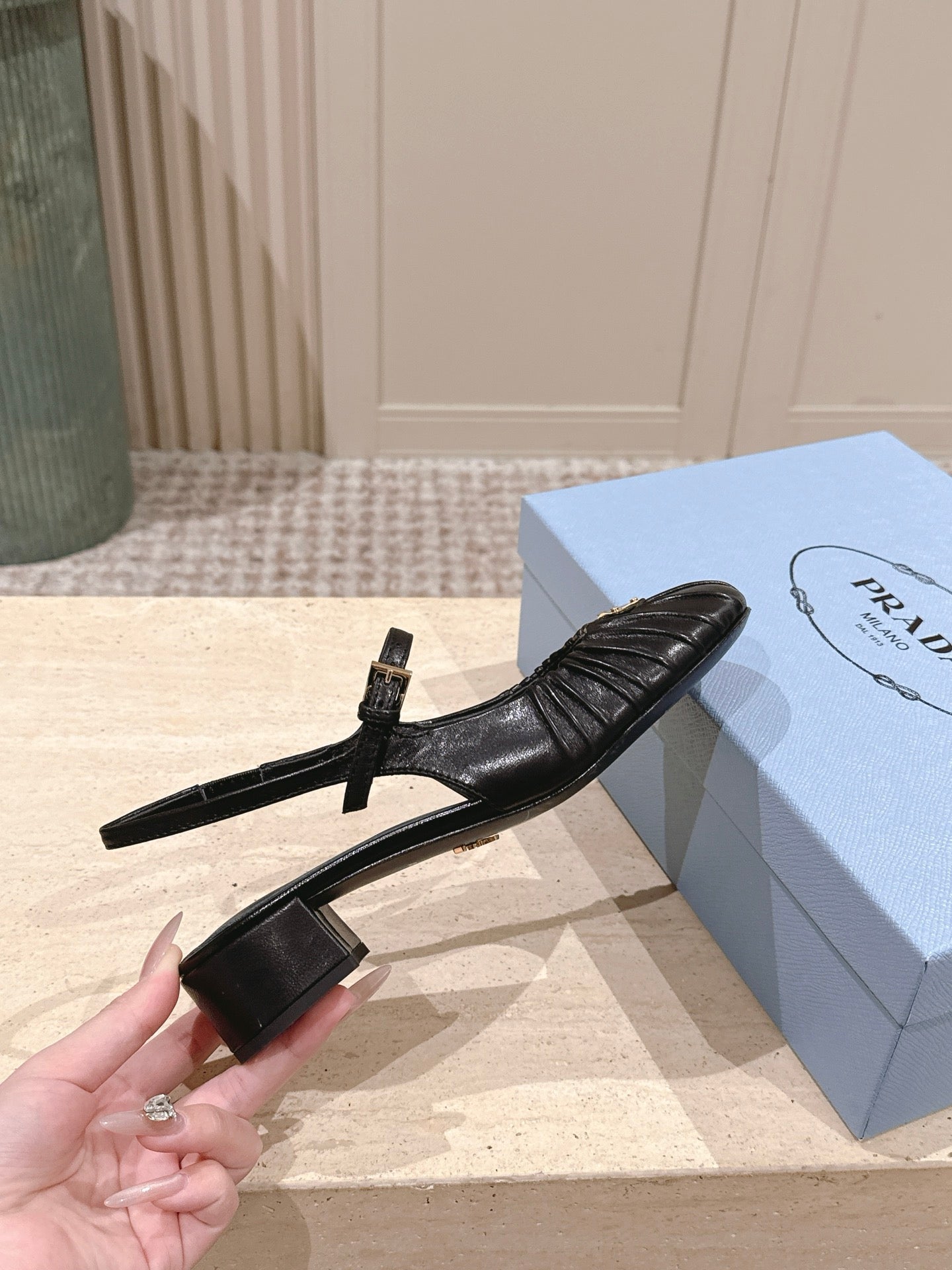 PRADA 26S SLINGBACK SANDALS 40MM IN BLACK CALFSKIN WITH LOGO