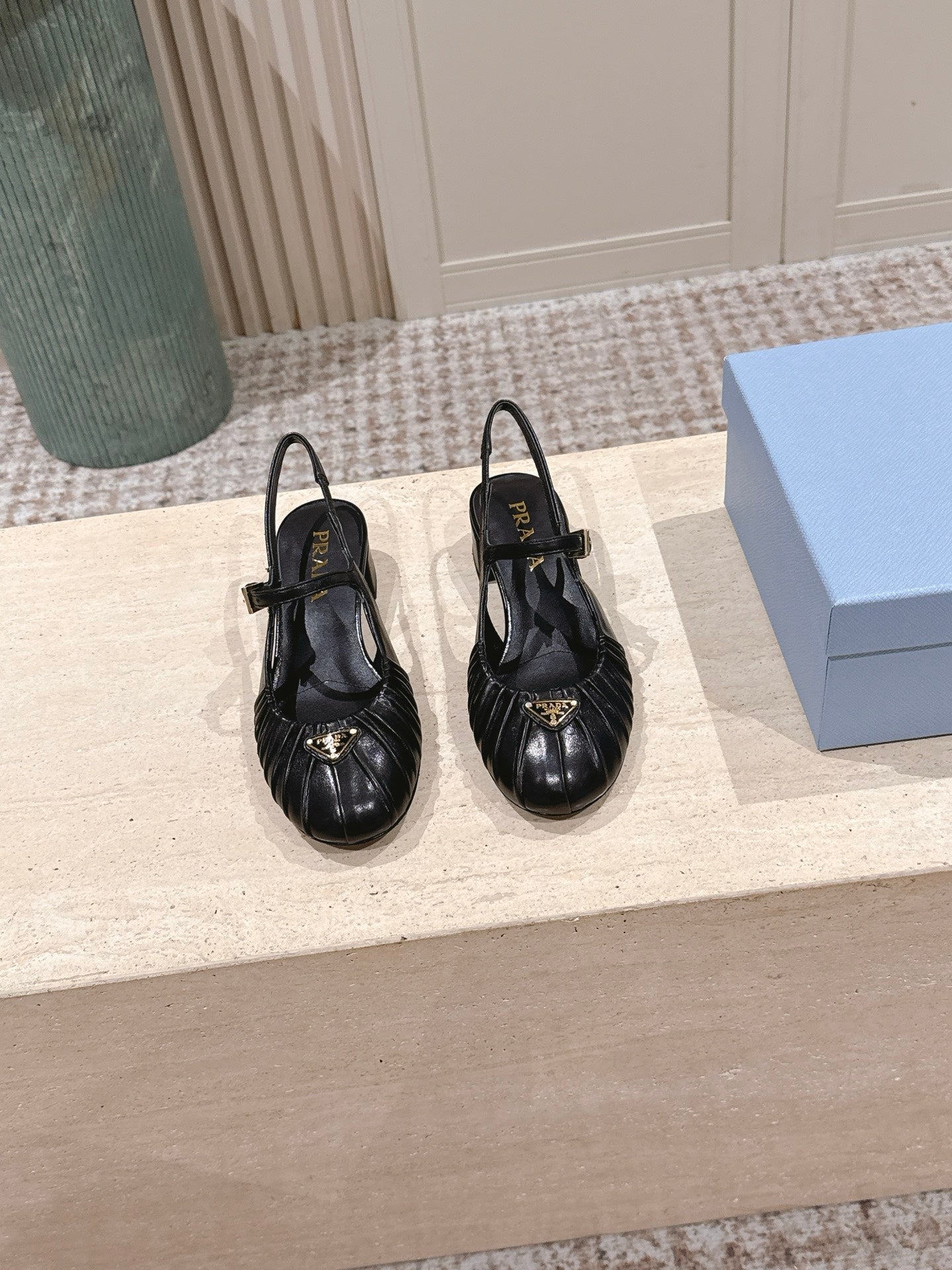 PRADA 26S SLINGBACK SANDALS 40MM IN BLACK CALFSKIN WITH LOGO