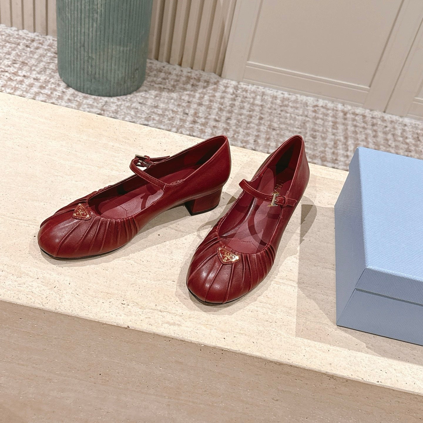 PRADA 26S MARY JANE 40MM IN DARK RED CALFSKIN WITH LOGO
