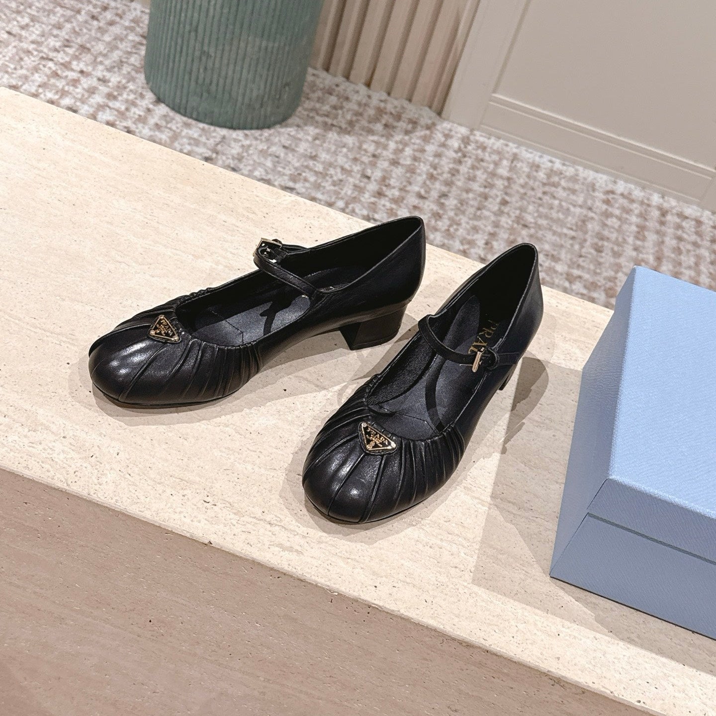 PRADA 26S MARY JANE 40MM IN BLACK CALFSKIN WITH LOGO