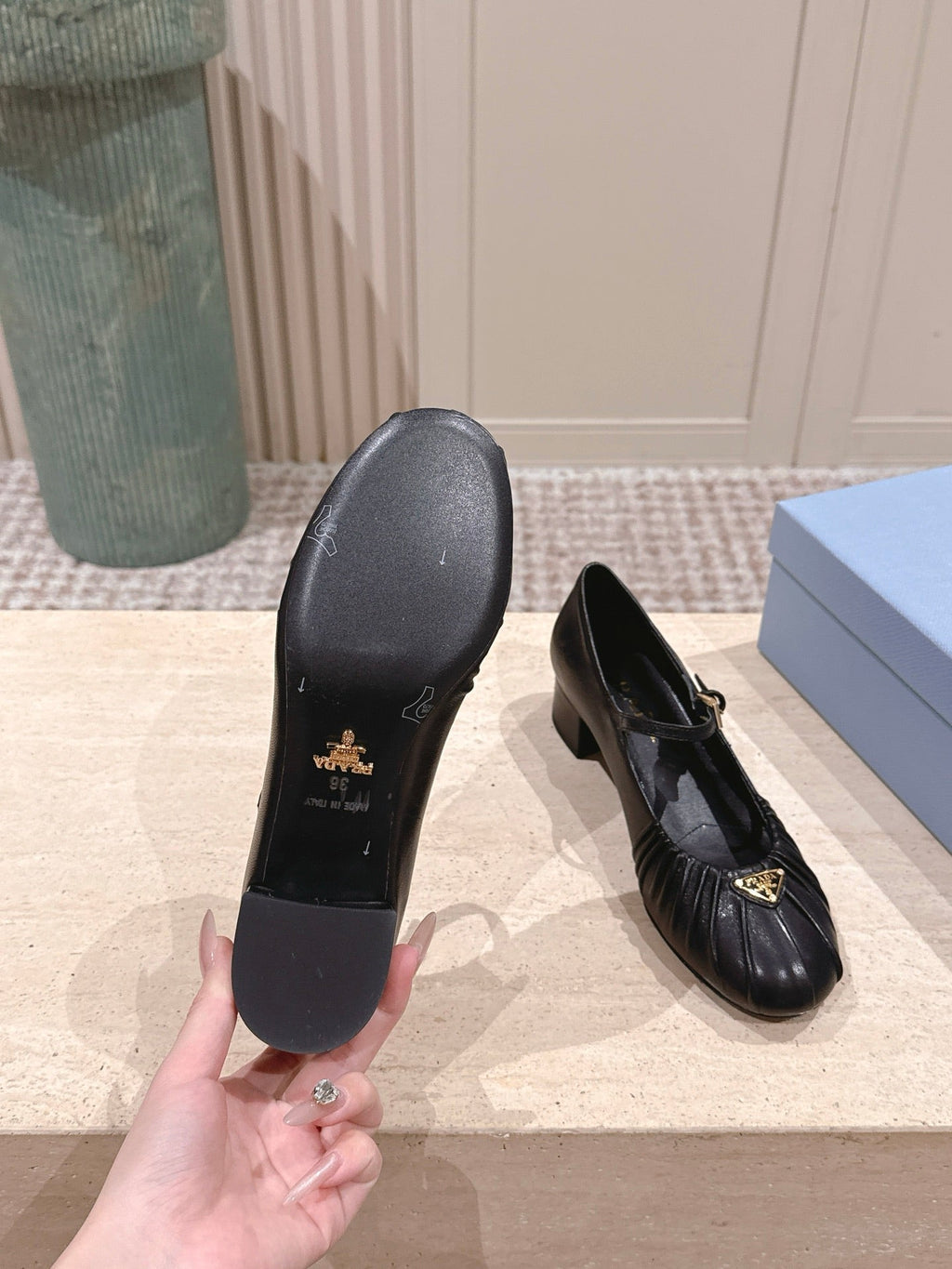 PRADA 26S MARY JANE 40MM IN BLACK CALFSKIN WITH LOGO