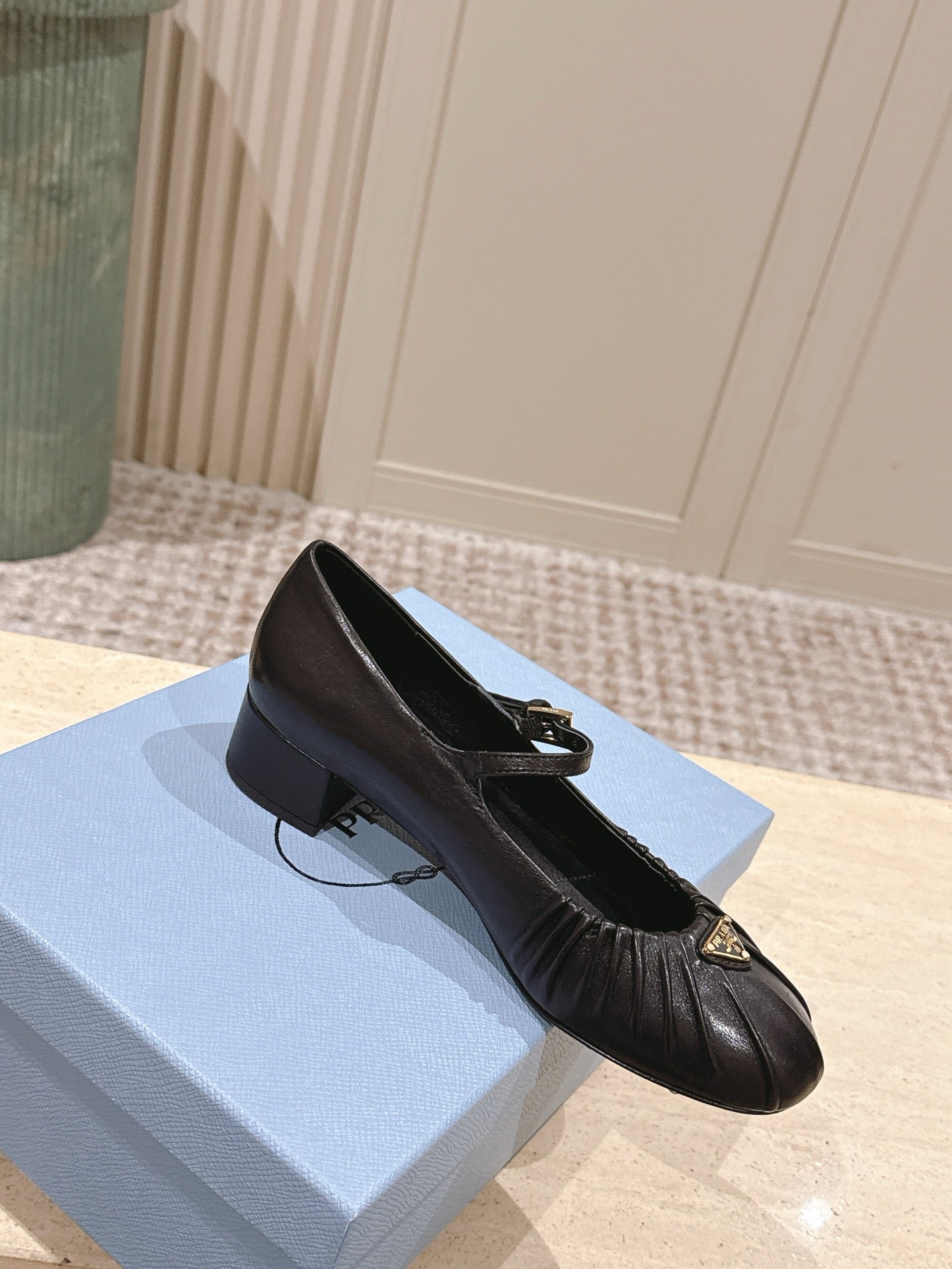 PRADA 26S MARY JANE 40MM IN BLACK CALFSKIN WITH LOGO