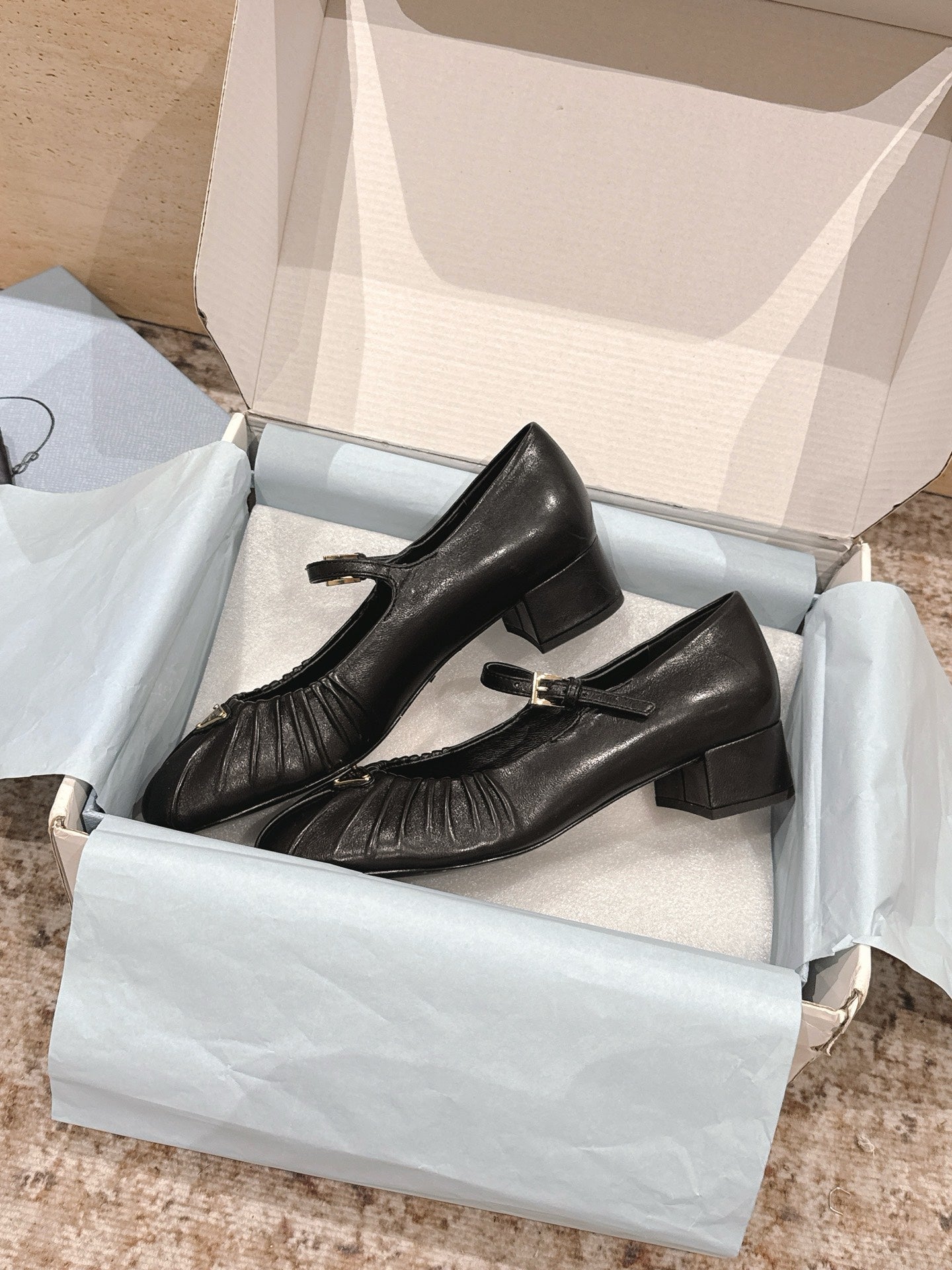 PRADA 26S MARY JANE 40MM IN BLACK CALFSKIN WITH LOGO
