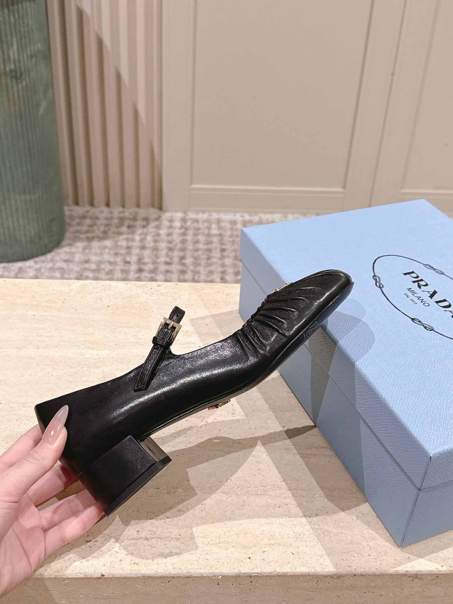 PRADA 26S MARY JANE 40MM IN BLACK CALFSKIN WITH LOGO