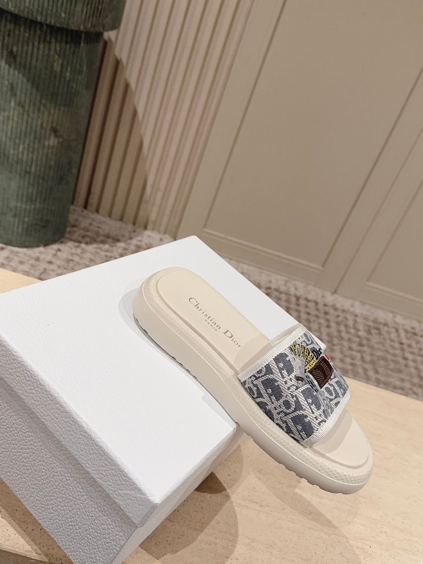 DIOR 26S SLIDE SANDALS IN WHITE MONOGRAM EMBROIDERED CANVAS