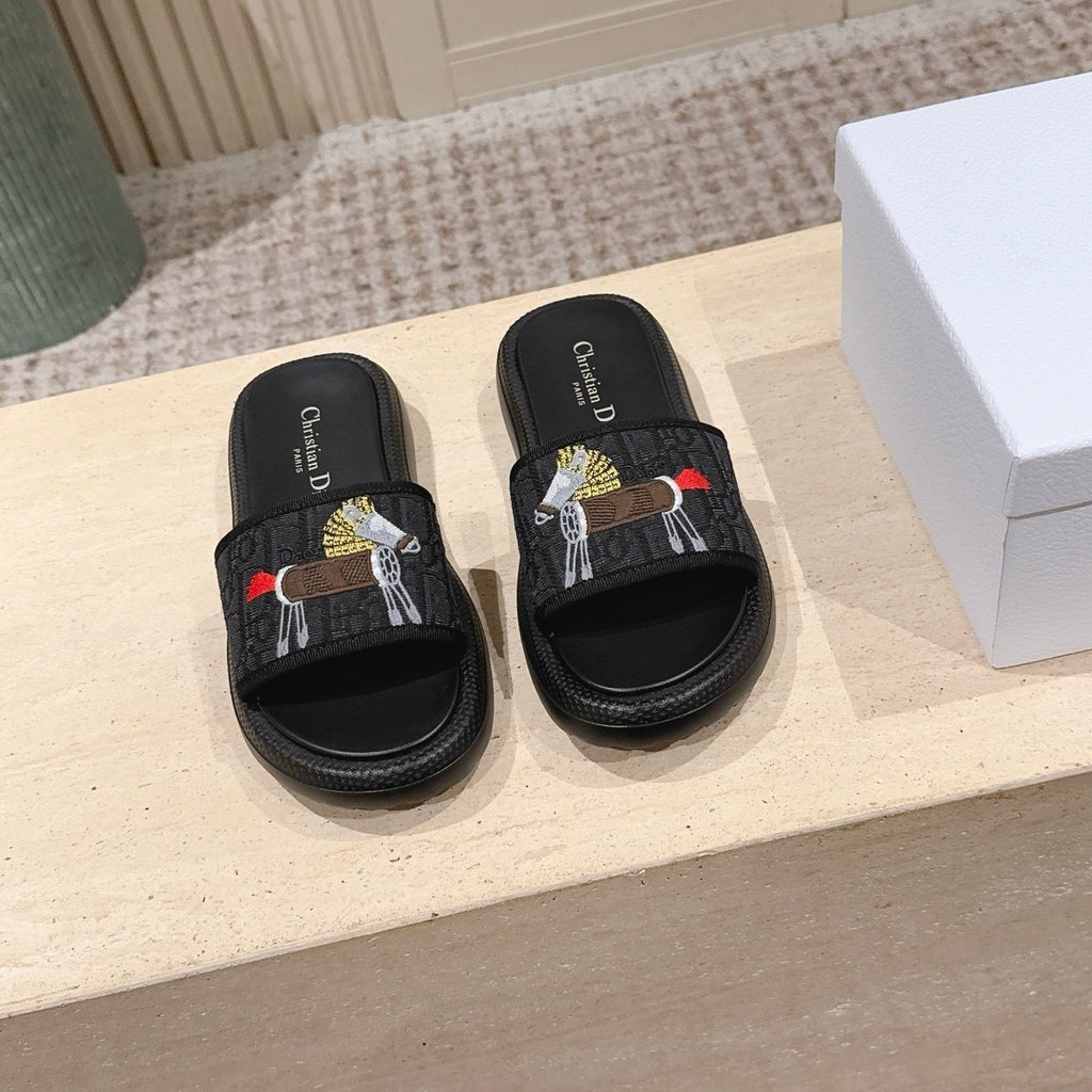 DIOR 26S SLIDE SANDALS IN BLACK MONOGRAM EMBROIDERED CANVAS