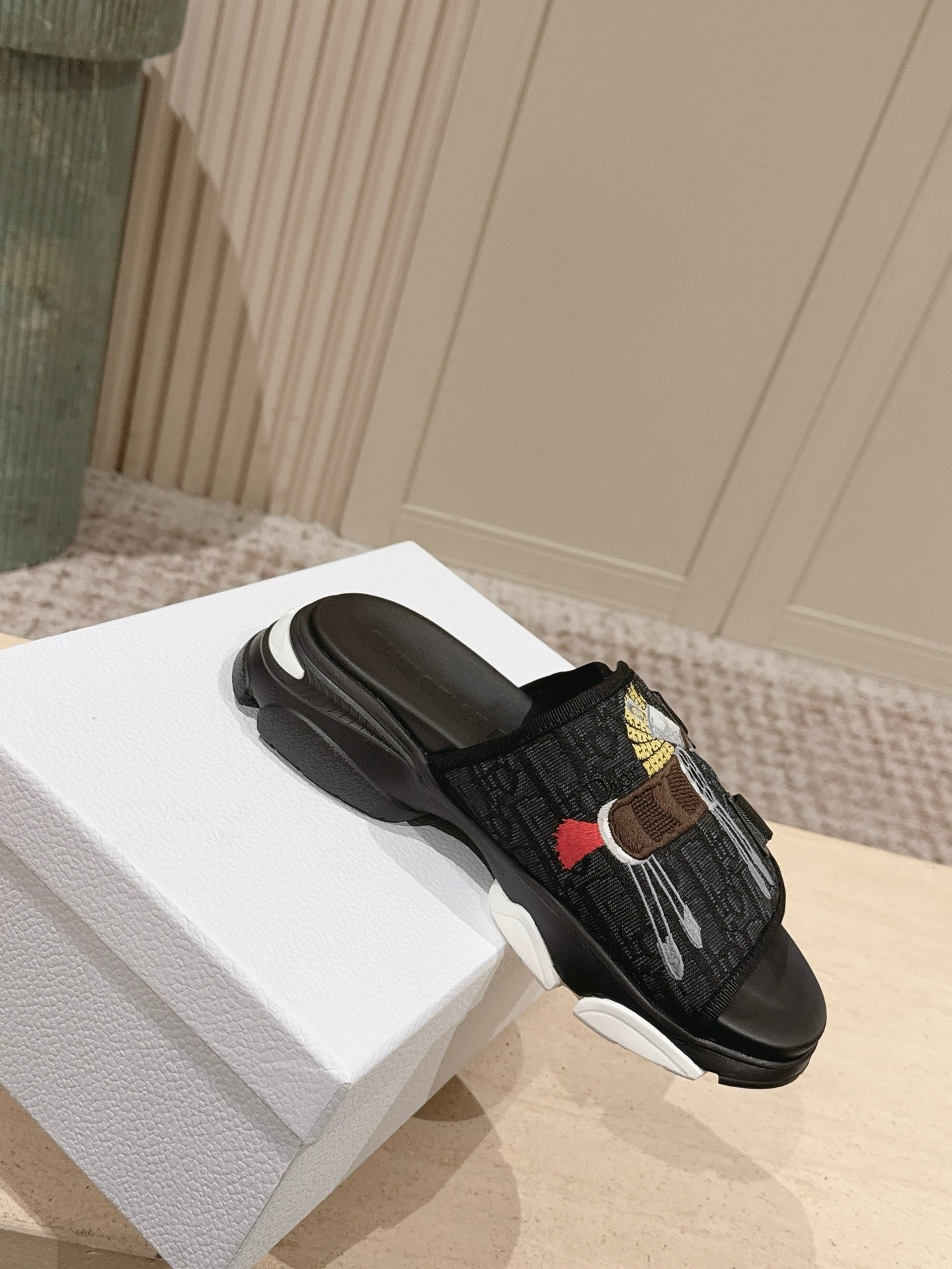 DIOR 26S DOUBLE STRAP SLIDE SANDALS IN BLACK MONOGRAM CANVAS