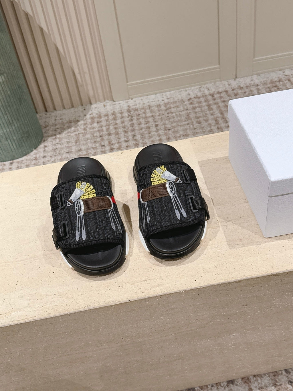 DIOR 26S DOUBLE STRAP SLIDE SANDALS IN BLACK MONOGRAM CANVAS