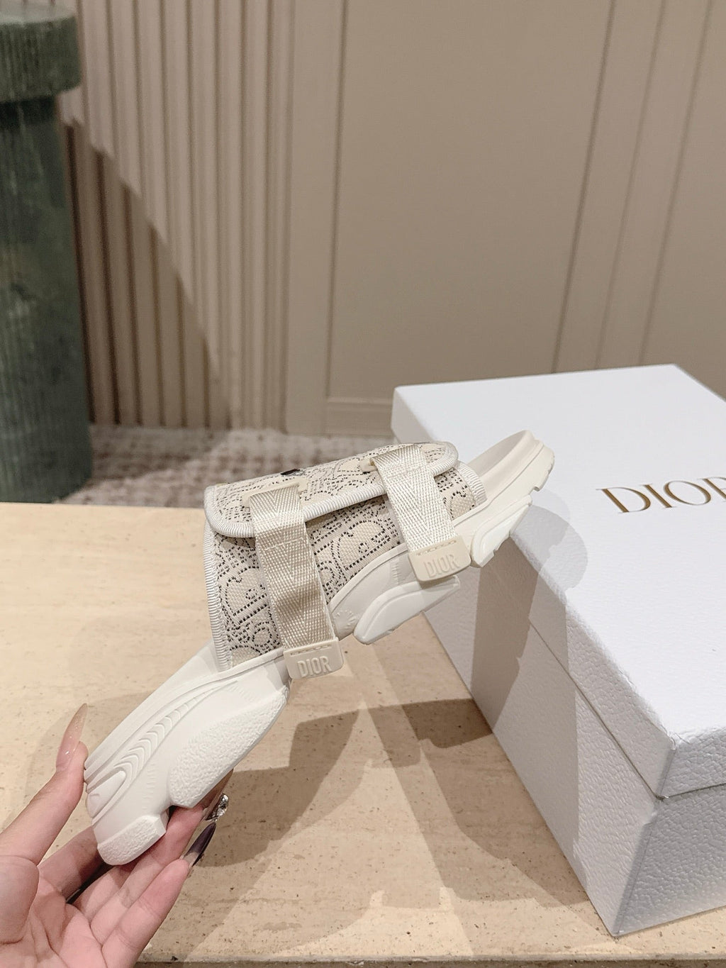 DIOR 26S DOUBLE STRAP SLIDE SANDALS IN WHITE LACE MONOGRAM CANVAS