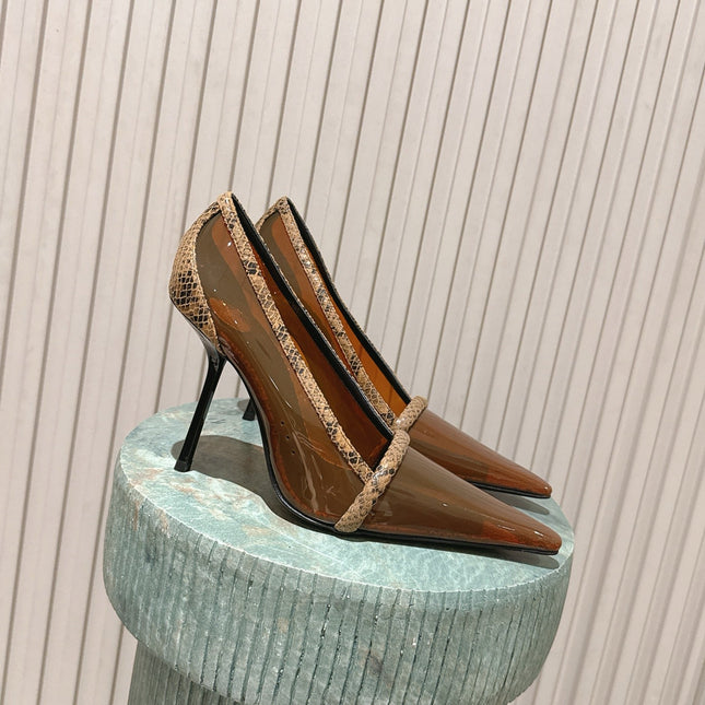 YSL 26S POINTED-TOE PUMPS 100 MM IN TRANSPARENT BROWN TPU WITH PYTHON-TRIMMED