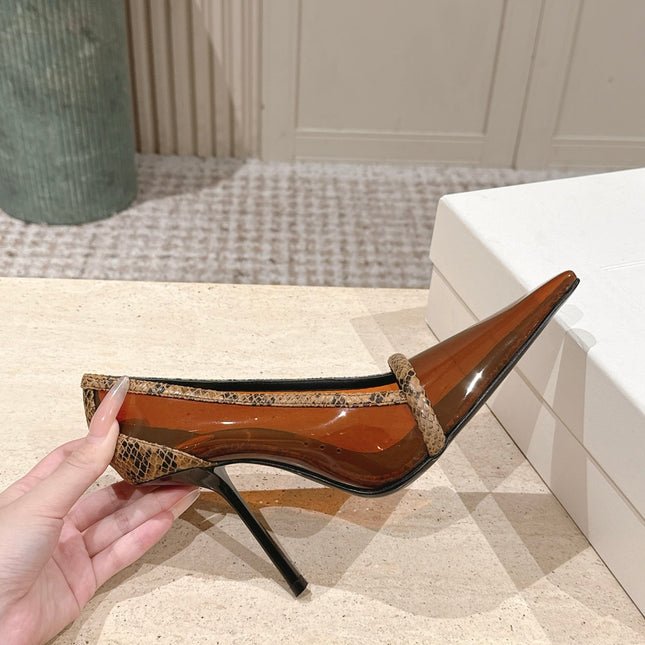 YSL 26S POINTED-TOE PUMPS 100 MM IN TRANSPARENT BROWN TPU WITH PYTHON-TRIMMED