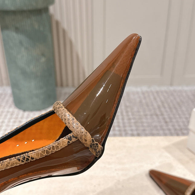 YSL 26S POINTED-TOE PUMPS 100 MM IN TRANSPARENT BROWN TPU WITH PYTHON-TRIMMED
