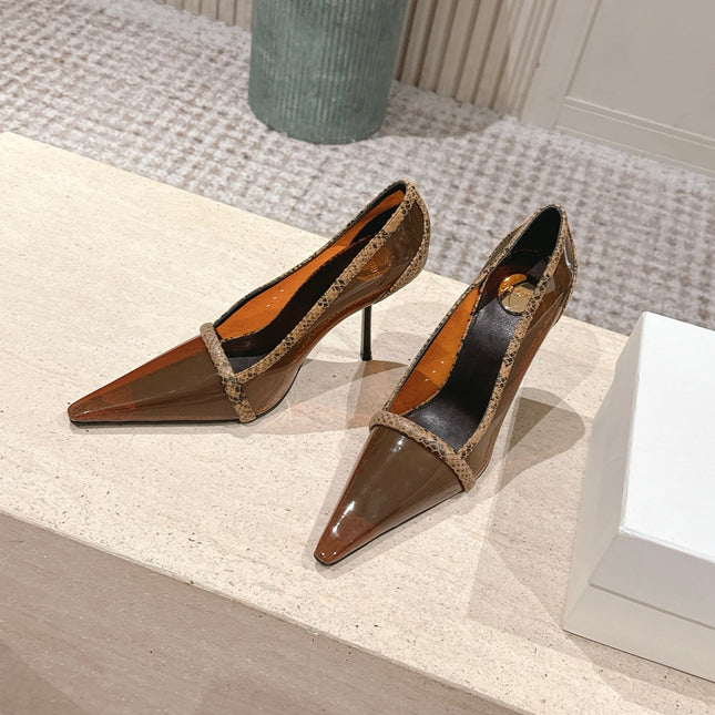 YSL 26S POINTED-TOE PUMPS 100 MM IN TRANSPARENT BROWN TPU WITH PYTHON-TRIMMED