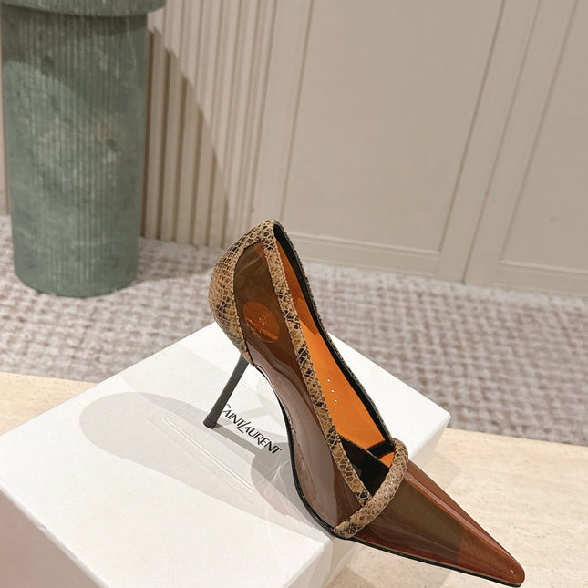 YSL 26S POINTED-TOE PUMPS 100 MM IN TRANSPARENT BROWN TPU WITH PYTHON-TRIMMED