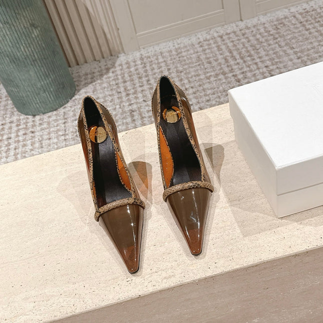 YSL 26S POINTED-TOE PUMPS 100 MM IN TRANSPARENT BROWN TPU WITH PYTHON-TRIMMED